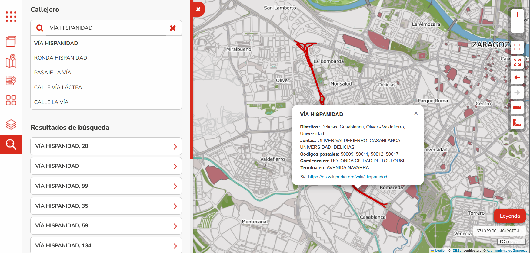 Sección callejero del Visor Genérico