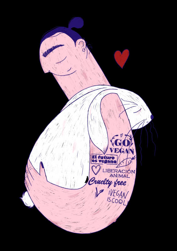 Una persona abraza a un conejo. En su brazo tiene varios tatuajes donde se lee "Go vegan", "El futuro es vegano", "Liberación animal", "Cruelty free" y "Vegan is cool".