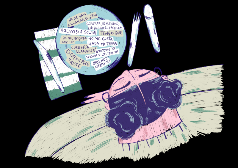 Una chica mira un plato en el que hay mensajes como "Estoy un poco triste", "¿Debería llamarla?", "No puedo con todo", "Qué mal me queda este top"...