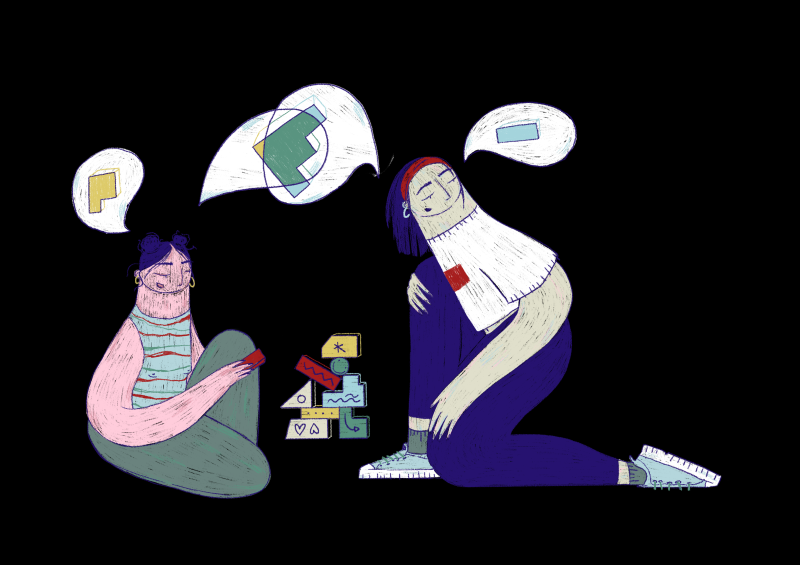 Dos personas juegan con varias formas. En un bocadillo de cómic, ambas nombran la misma forma.