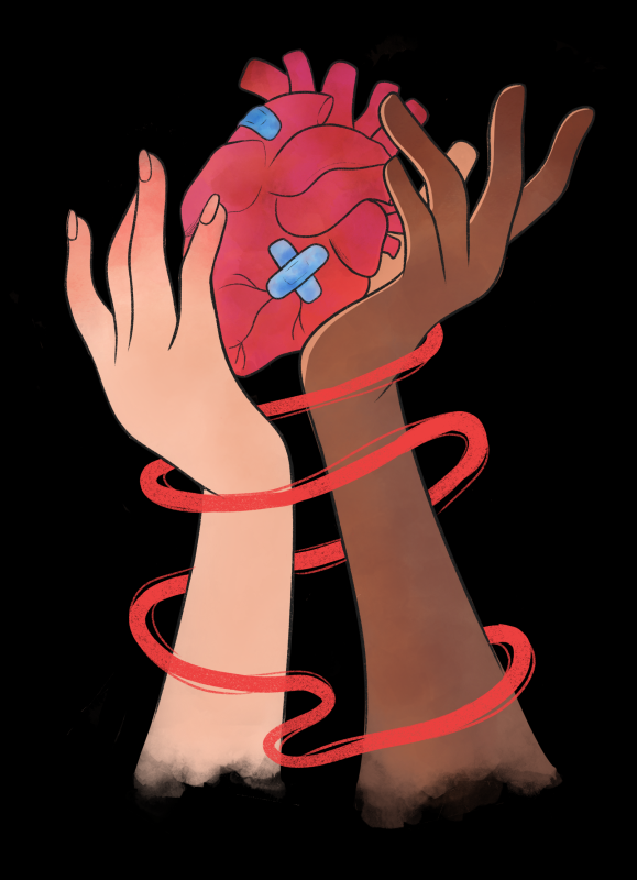 Dos manos alzadas sujetan un corazón humano con tiritas. Las manos están enlazadas con un hilo rojo.