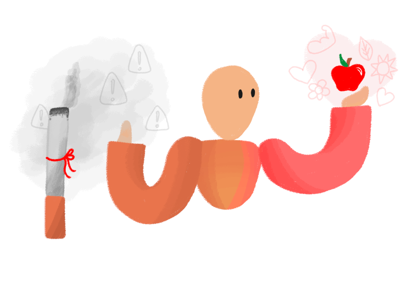 Ilustración en la que una persona rechaza un cigarrillo y sujeta una manzana.