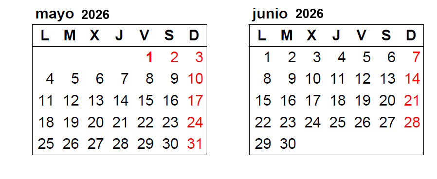 Calendario May 2026