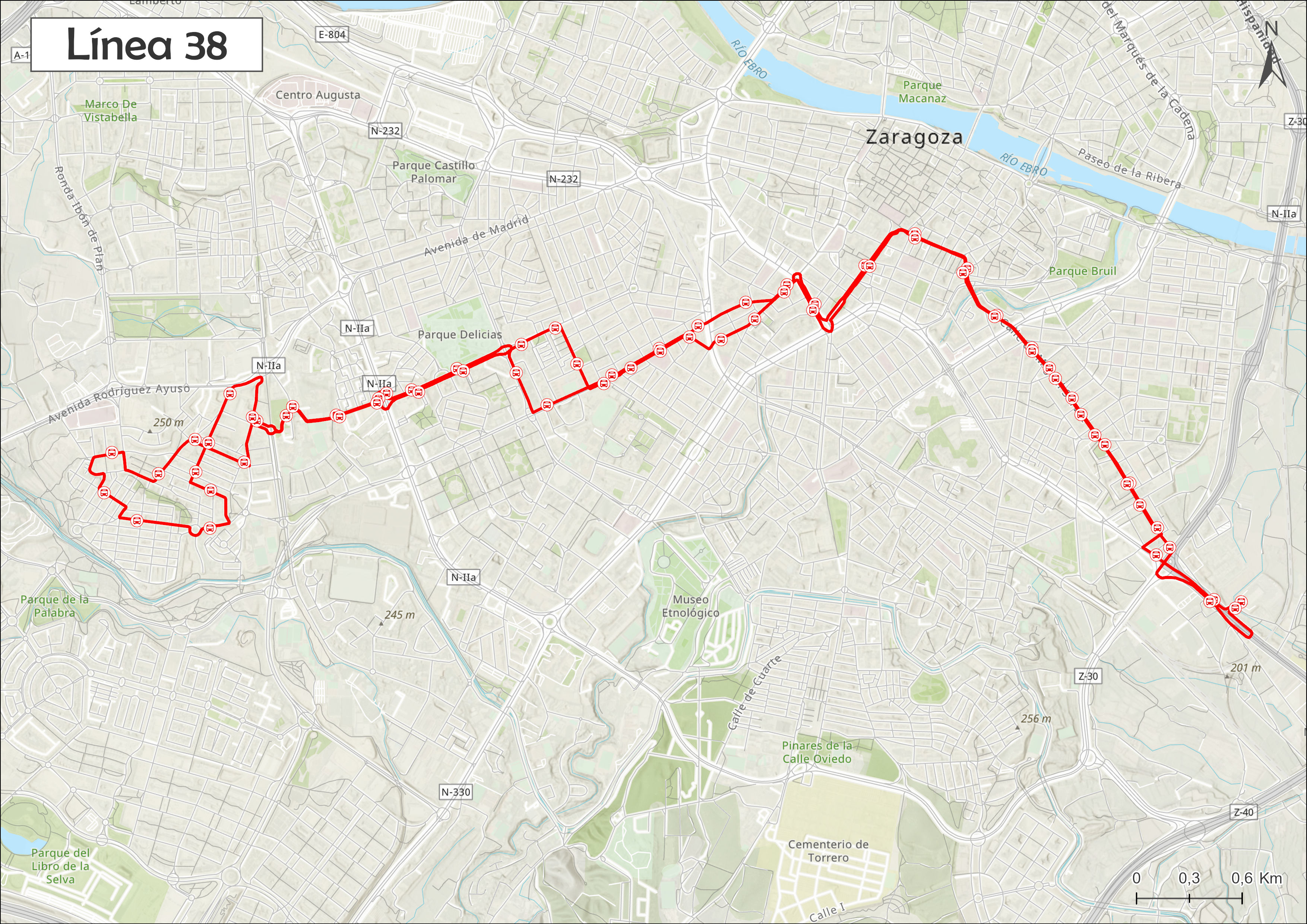 Mapa del recorrido de la linea 38