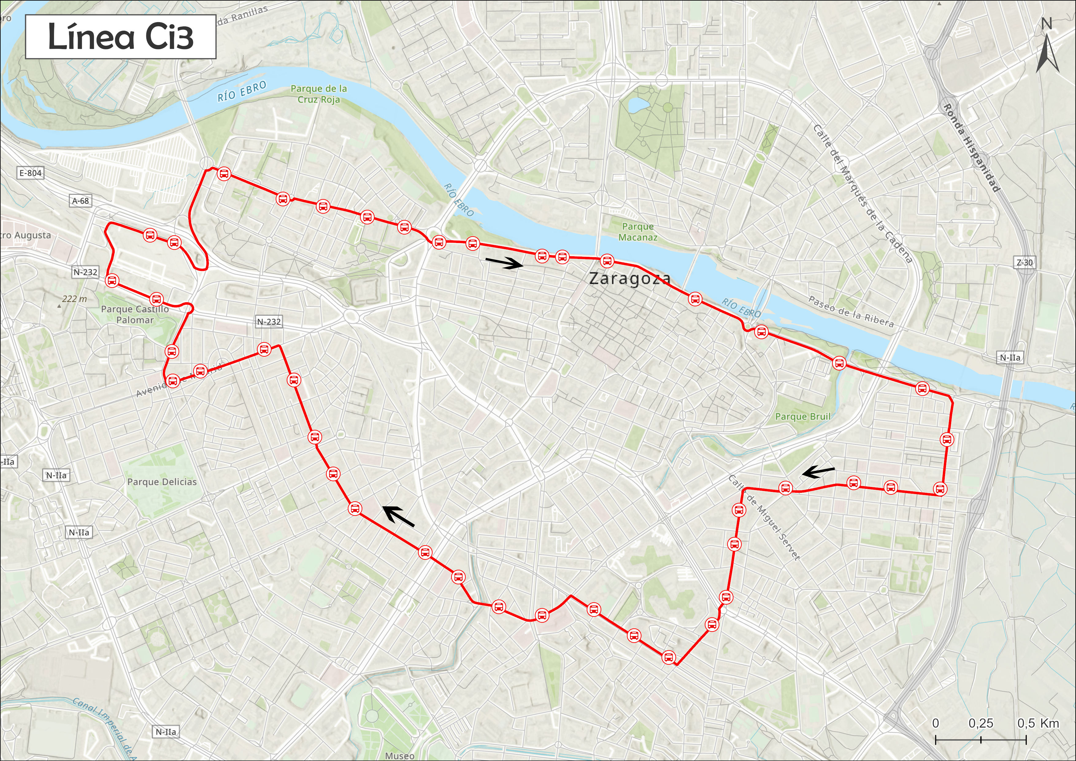 Mapa del recorrido de la linea Ci3