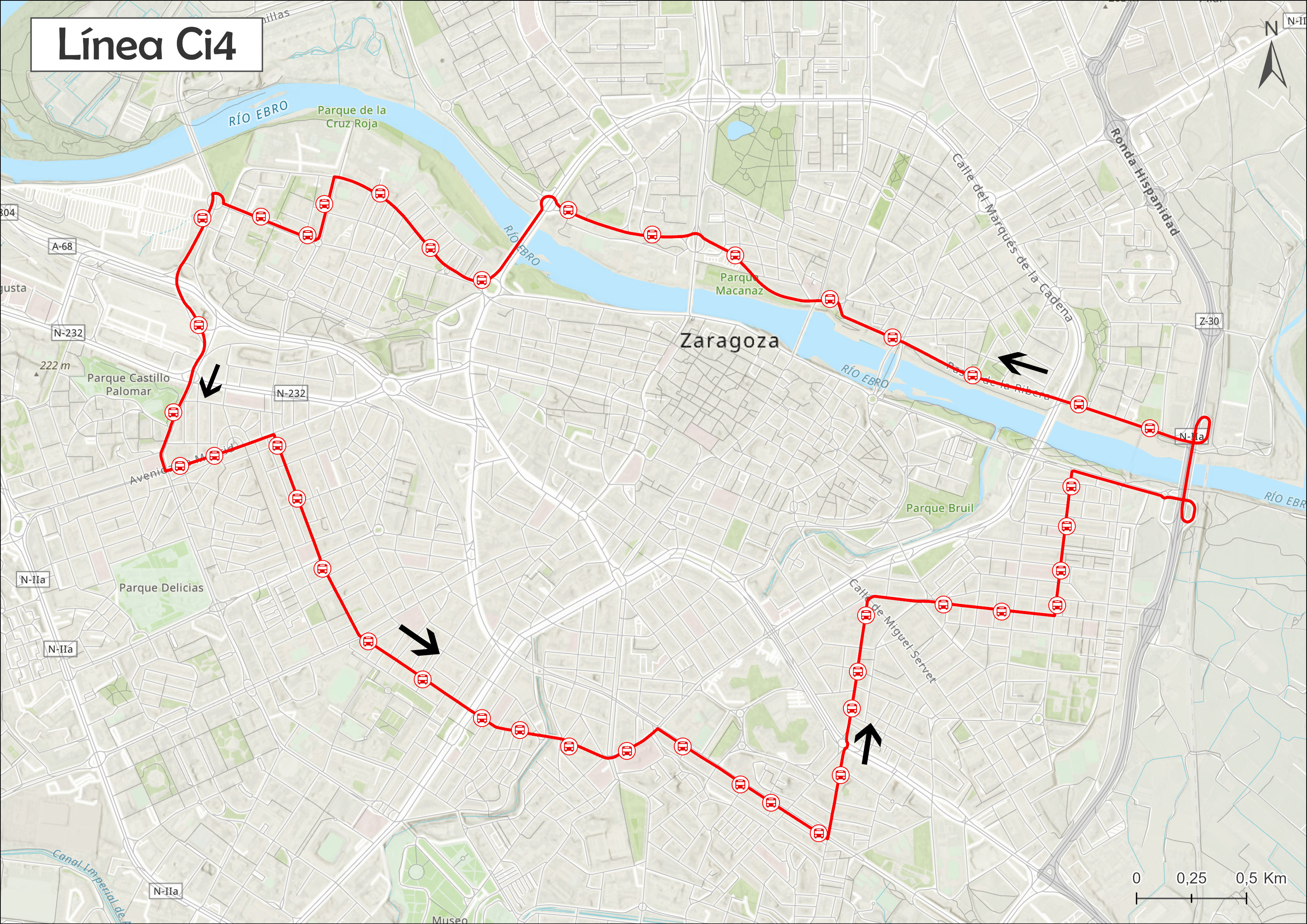 Mapa del recorrido de la linea Ci4